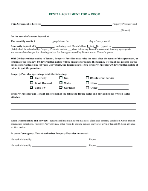 Room Rental Agreement Form - Green