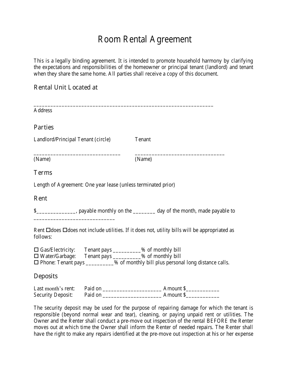 Room Rental Agreement Form Download Printable PDF Templateroller