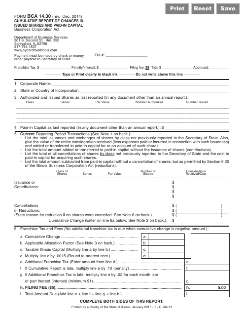 Form BCA14.30 Cumulative Report of Changes in Issued Shares and Paid-In Capital - Illinois
