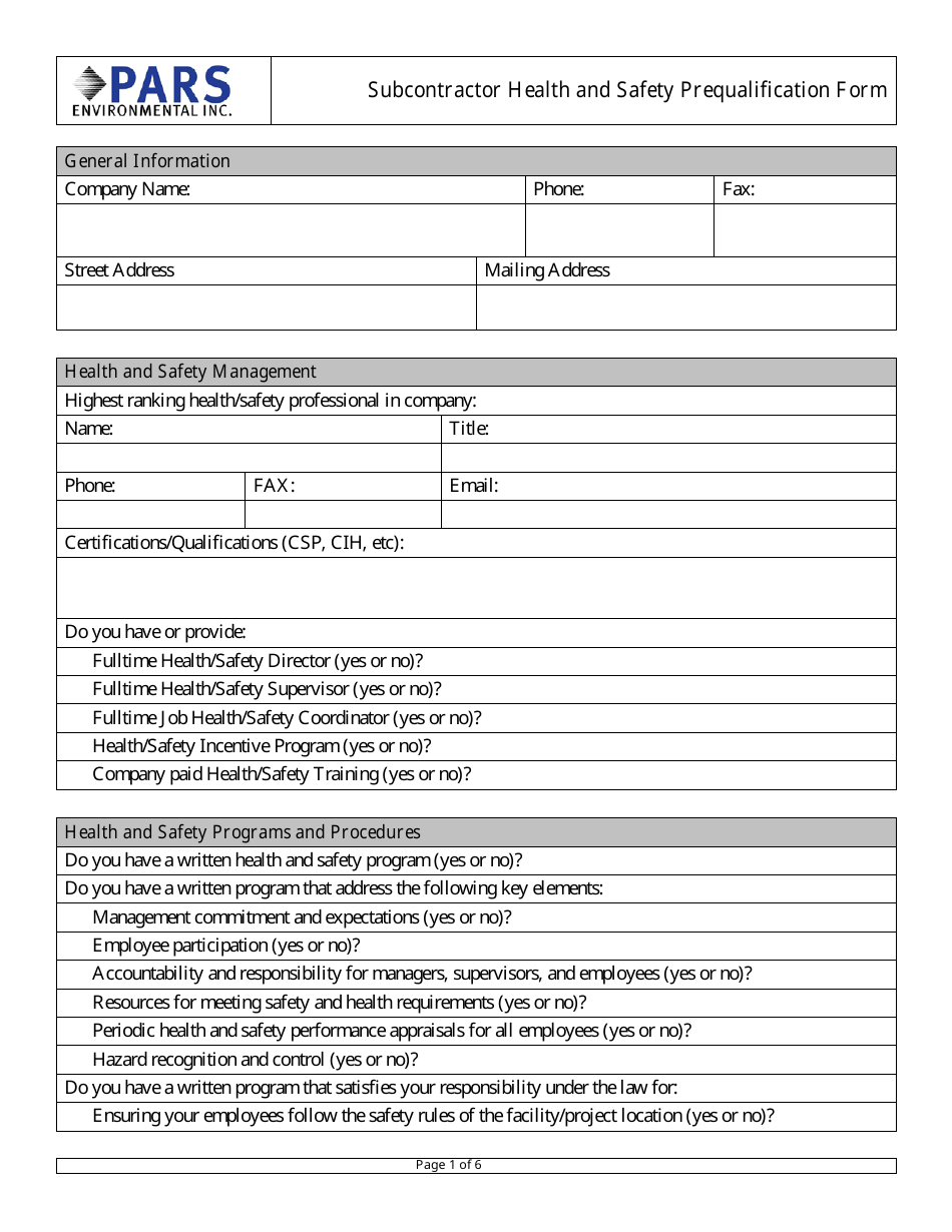 Subcontractor Health and Safety Prequalification Form - Pars Environmental, Page 1