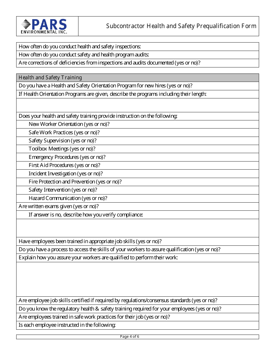 Subcontractor Health and Safety Prequalification Form - Pars Environmental, Page 4