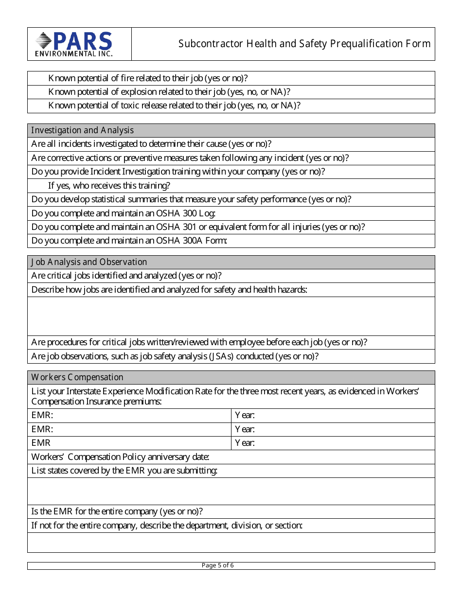 Subcontractor Health and Safety Prequalification Form - Pars Environmental, Page 5