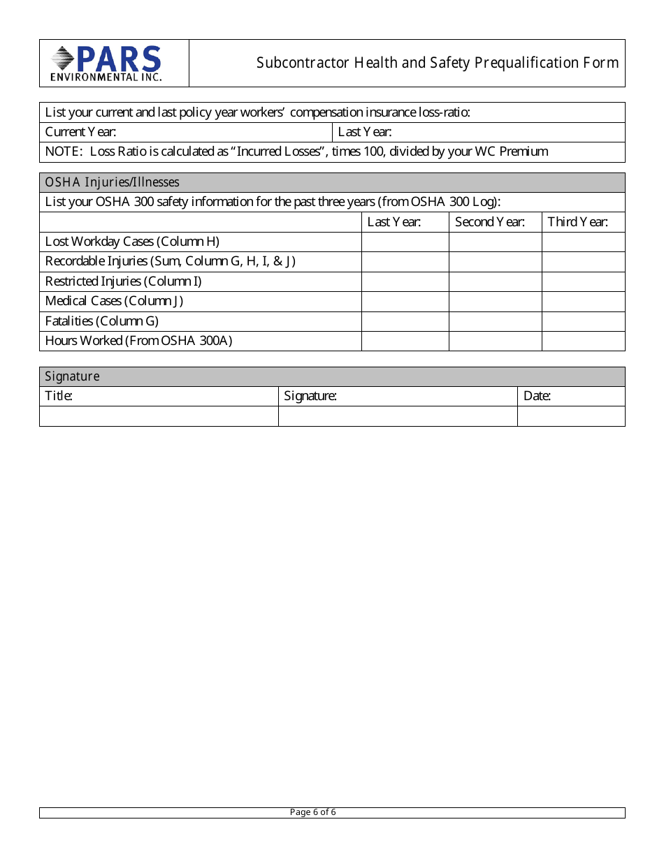 Subcontractor Health and Safety Prequalification Form - Pars Environmental, Page 6