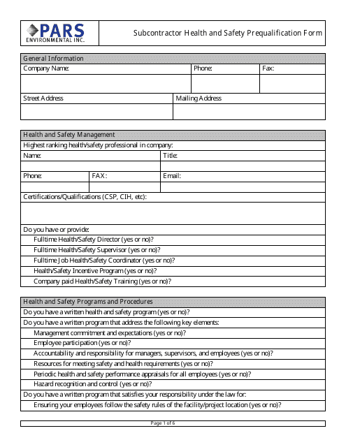 Subcontractor Health and Safety Prequalification Form - Pars Environmental Download Pdf