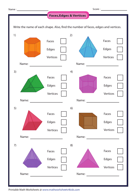 Faces, Edges & Vertices Worksheet With Answers