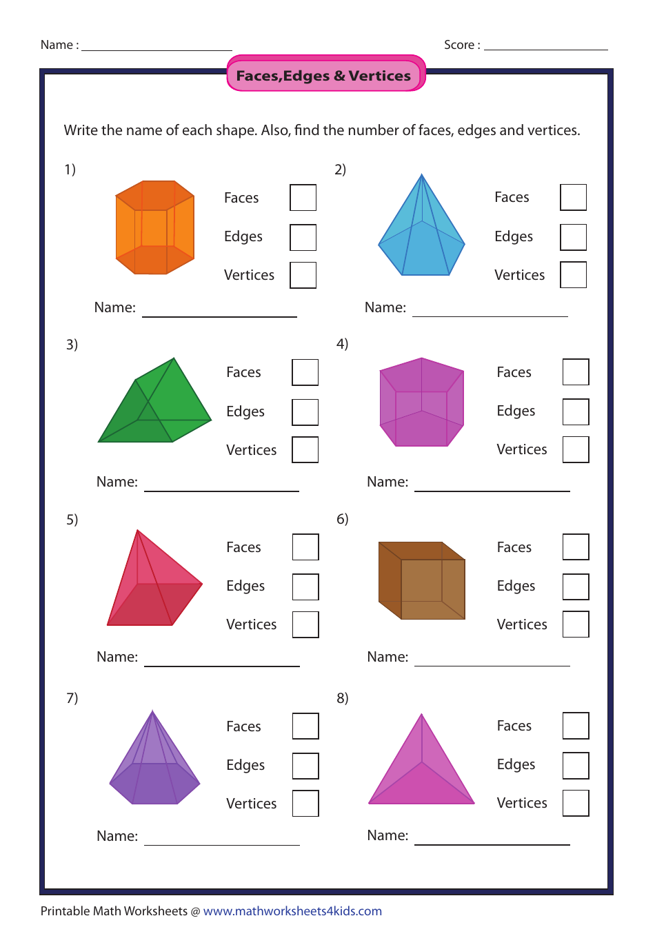 Faces, Edges & Vertices Worksheet With Answers Download ...