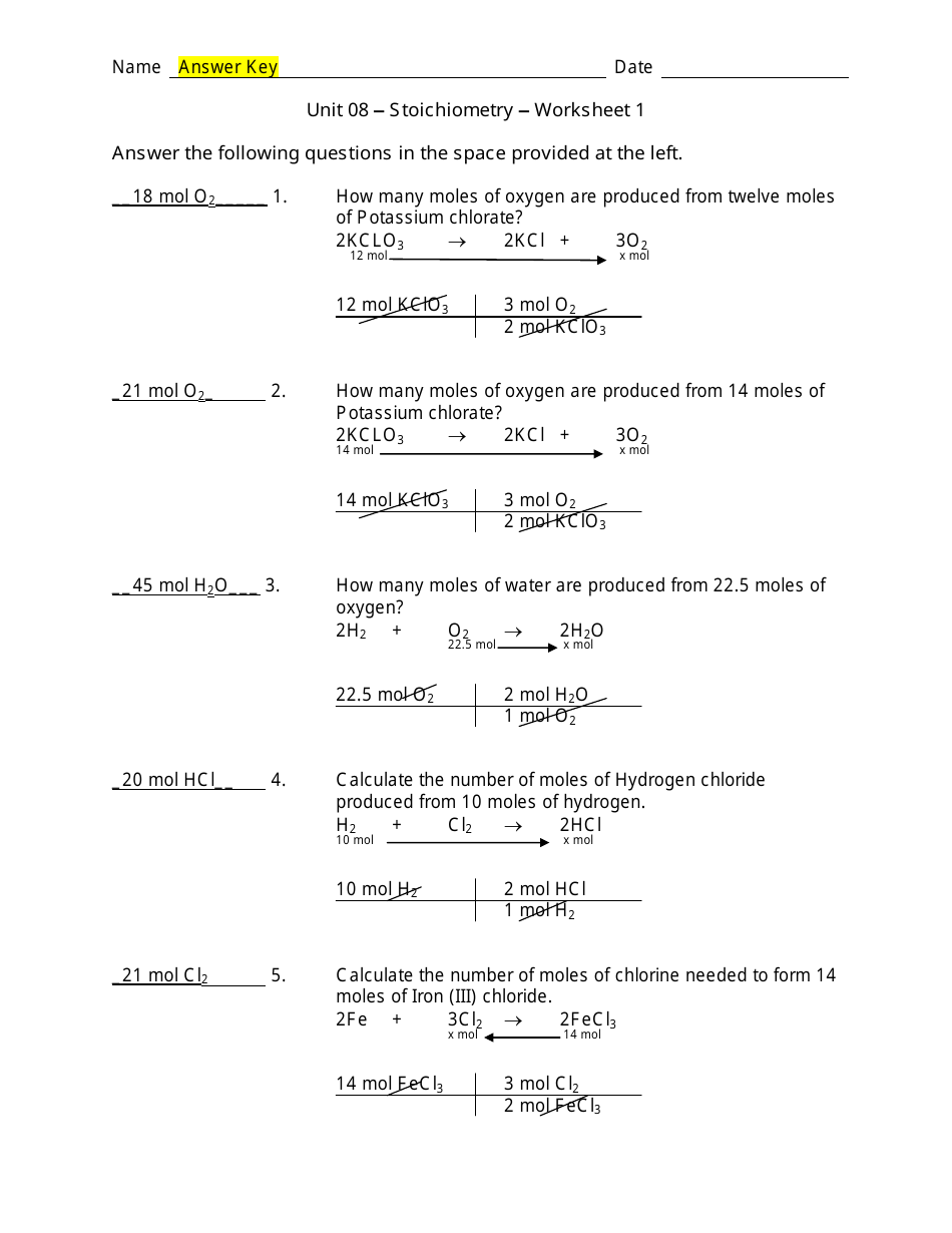 Unit 08 Stoichiometry Worksheet 1 With Answer Key Download