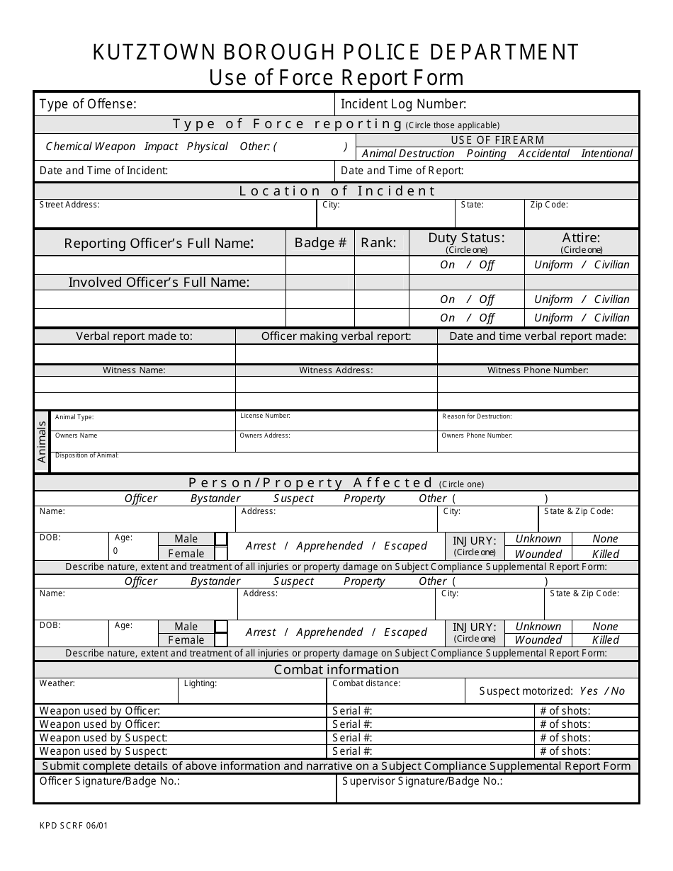 Use of Force Report Form - Kutztown borough, Pennsylvania, Page 1
