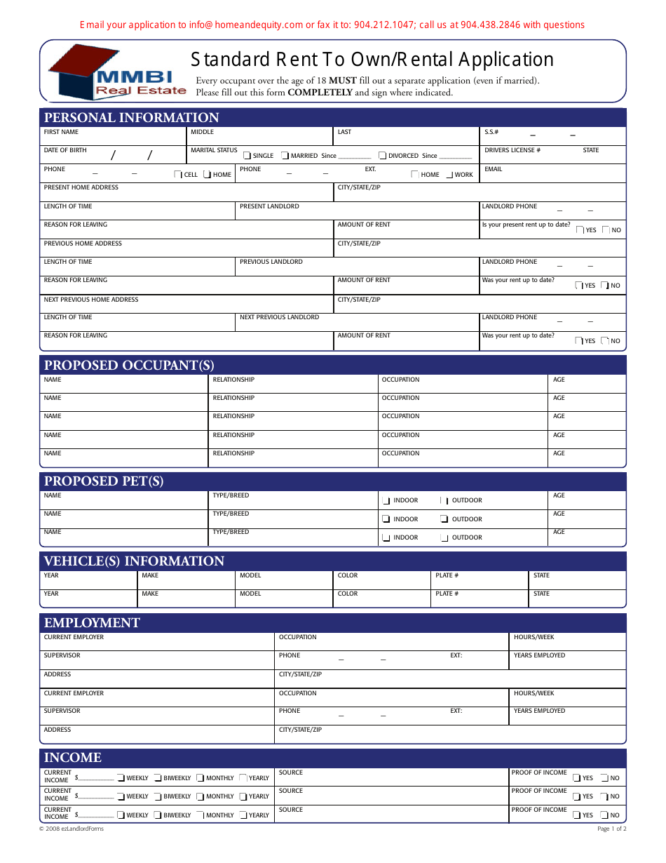 Standard Rent to Own / Rental Application Form - Mmbi Real Estate, Page 1