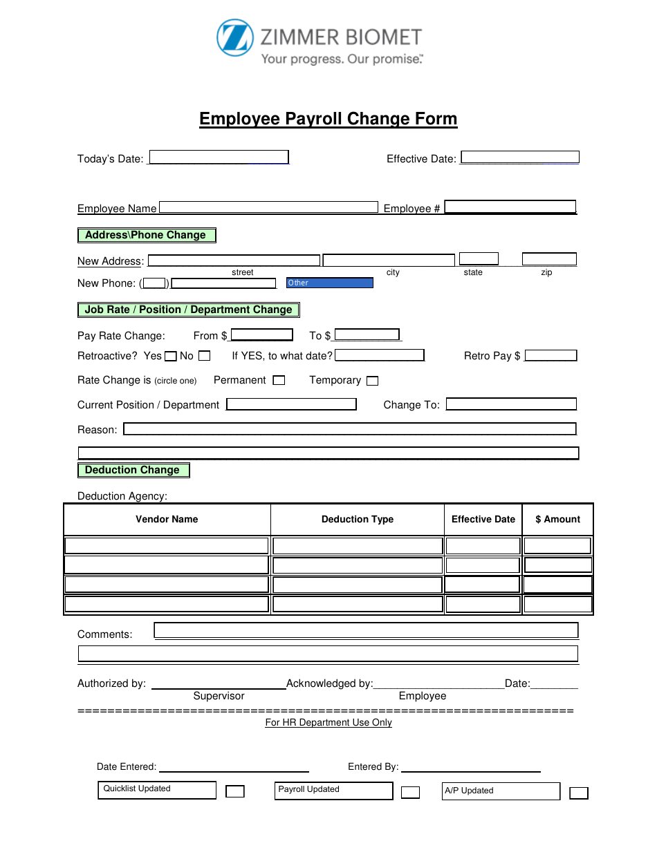 Employee Payroll Change Form Zimmer Biomet Fill Out, Sign Online