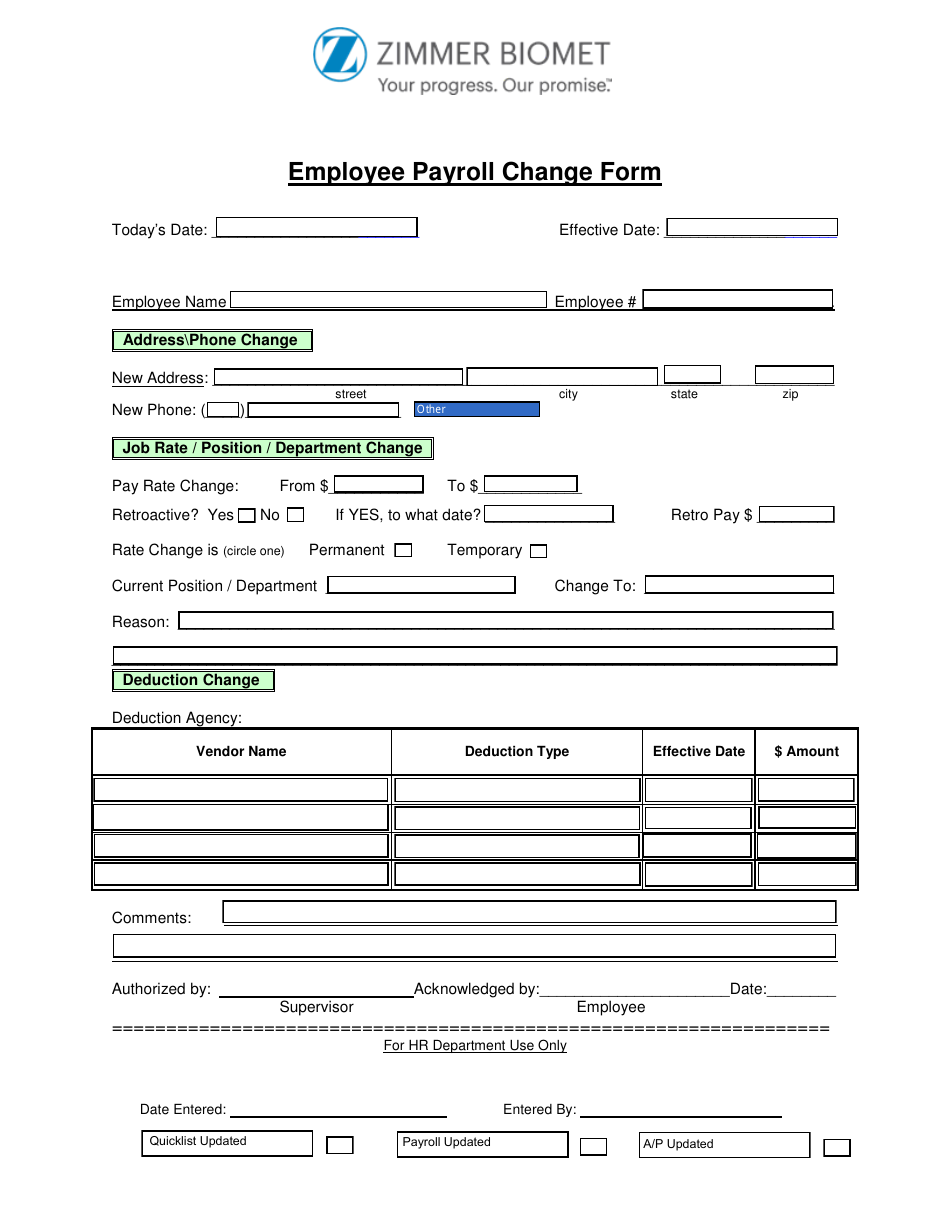 Employee Payroll Change Form - Zimmer Biomet, Page 1