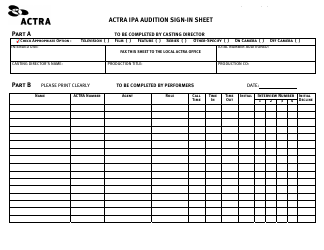 Document preview: Audition Sign-In Sheet - Actra