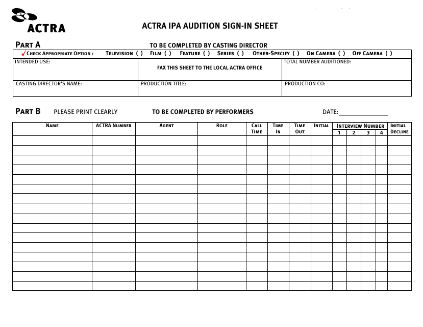 Audition Sign-In Sheet - Actra