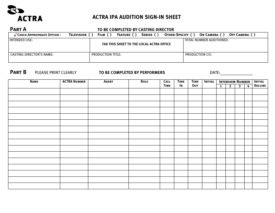 Audition Sign-In Sheet - ActRA