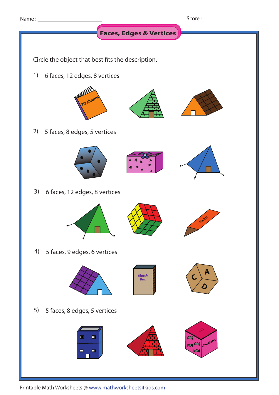 Faces Edges And Vertices Worksheet