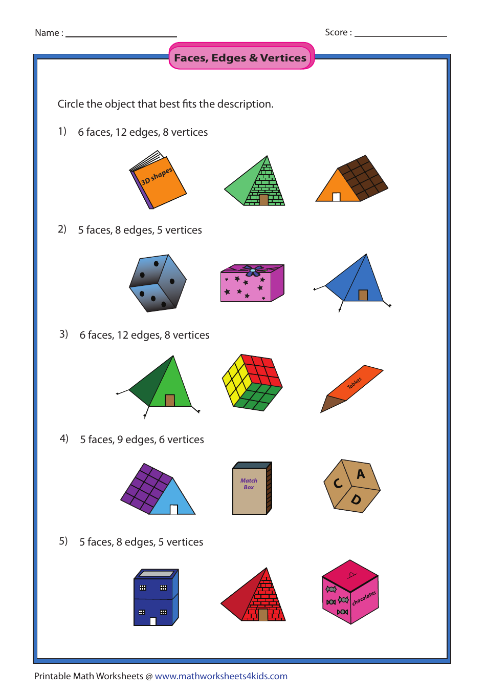 Faces, Edges & Vertices Worksheet With Answer Key - Book Image Preview