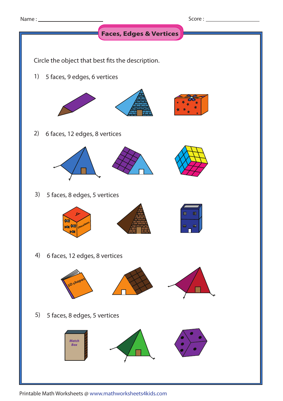 Faces Edges And Vertices Worksheets