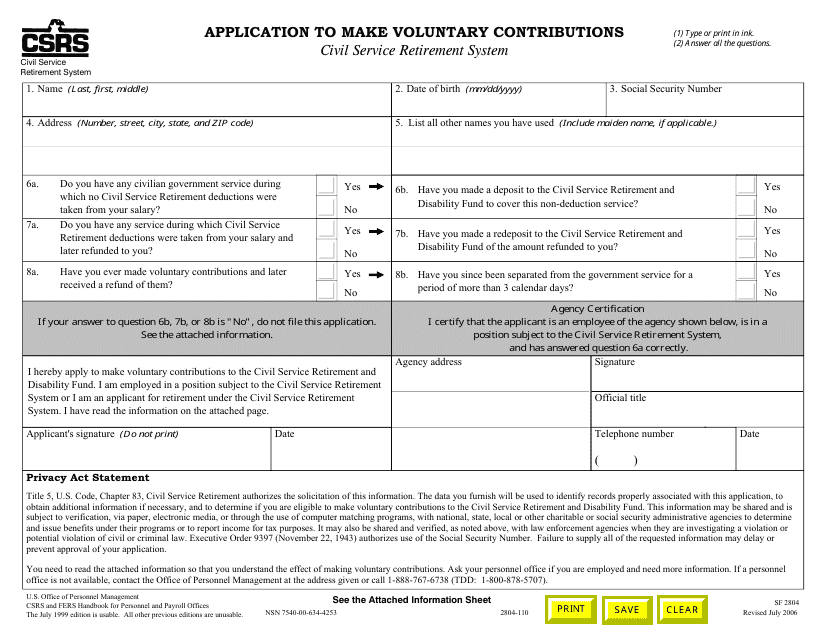 OPM Form SF2804 Application to Make Voluntary Contributions