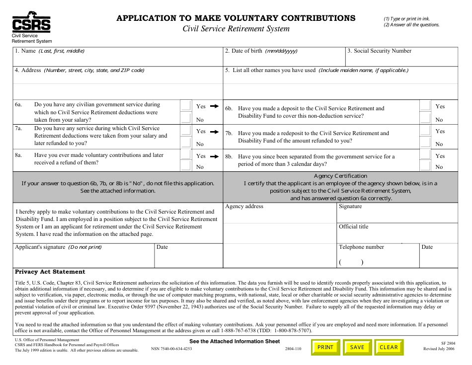 OPM Form SF2804 Application to Make Voluntary Contributions, Page 1