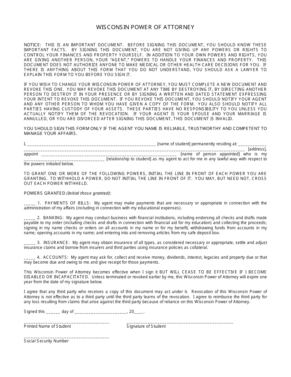 Power of Attorney Template - Wisconsin, Page 1