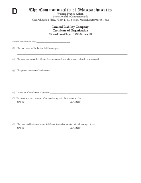 Limited Liability Company Certificate of Organization - Massachusetts