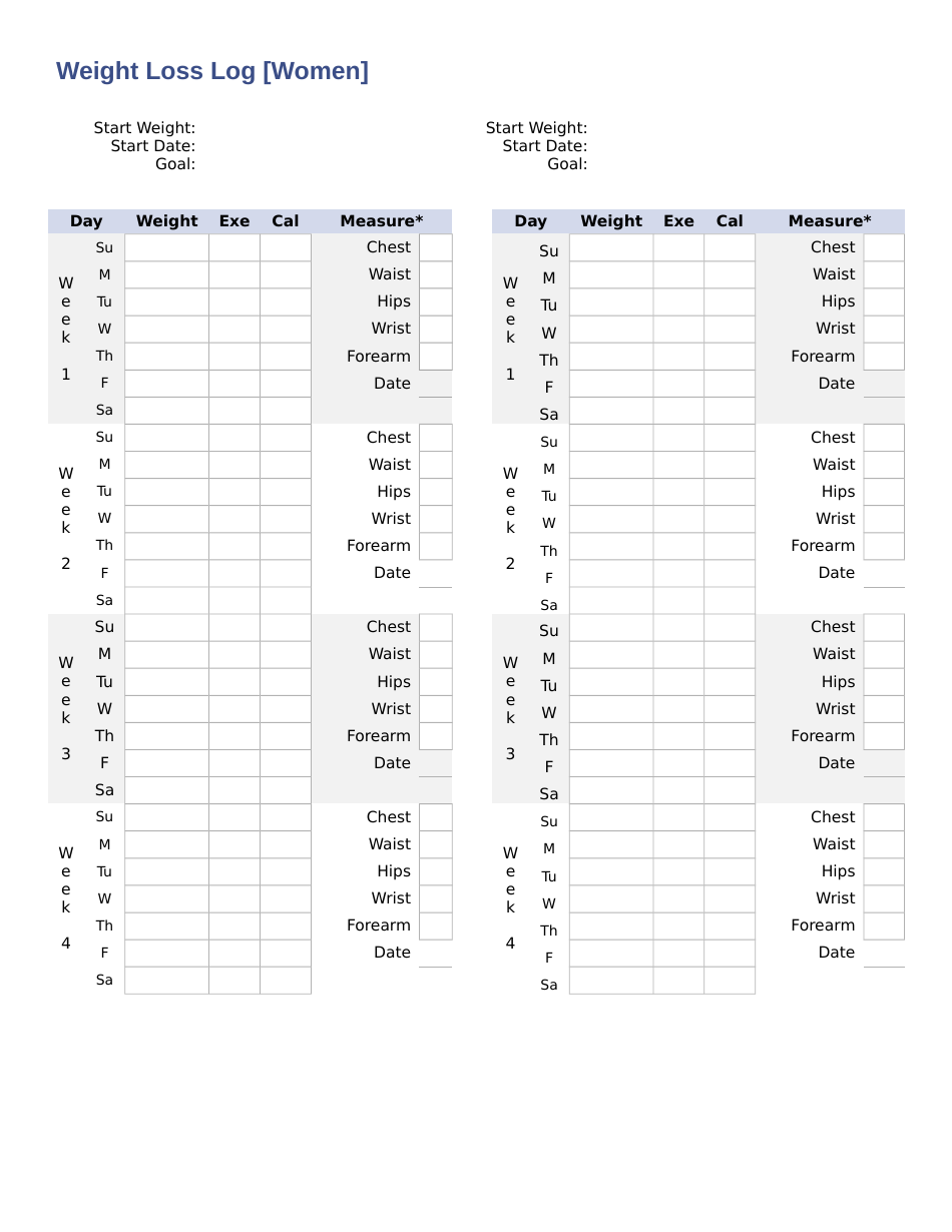 Weight Loss Log Template for Women and Men - Printable Exercise and Nutrition Tracker
