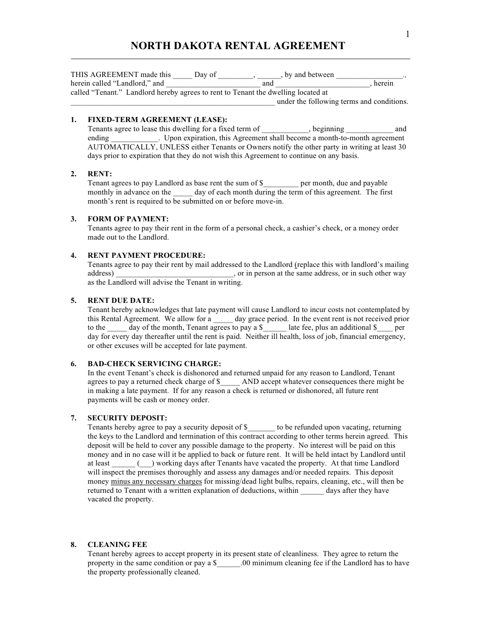 Rental Agreement Template - North Dakota, Page 1