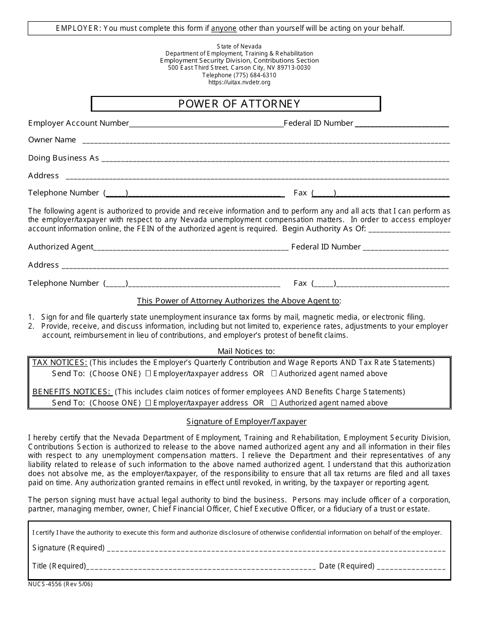 Form NUCS-4556 Power of Attorney - Nevada, Page 1