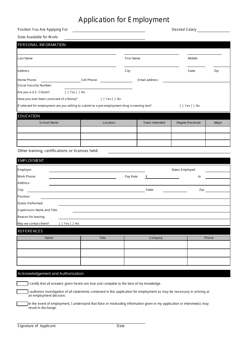 Employment Application Form, Page 1