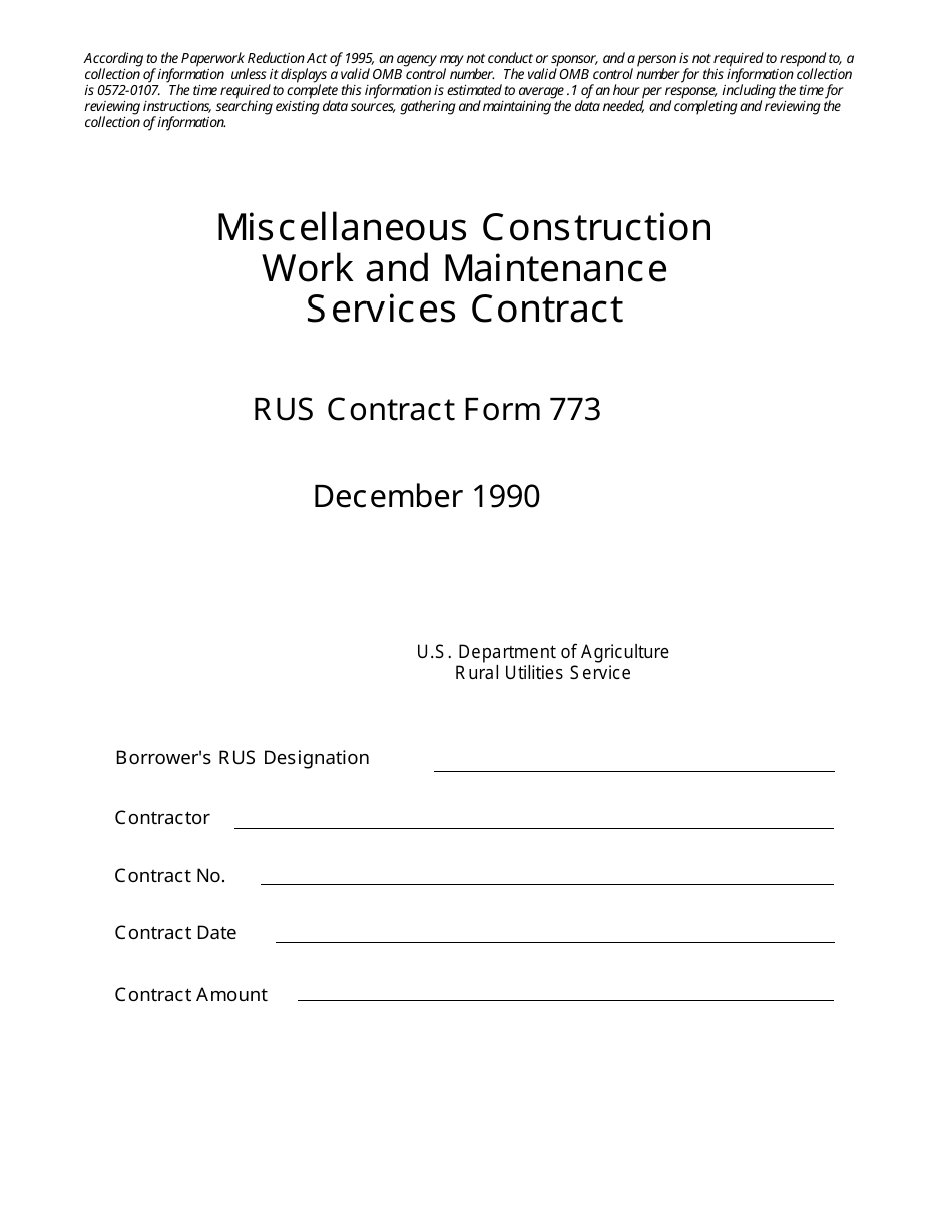 RUS Form 773 Miscellaneous Construction Work and Maintenance Services Contract, Page 1