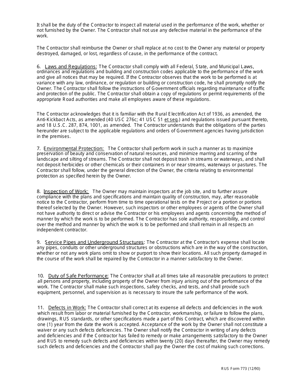 RUS Form 773 Miscellaneous Construction Work and Maintenance Services Contract, Page 7