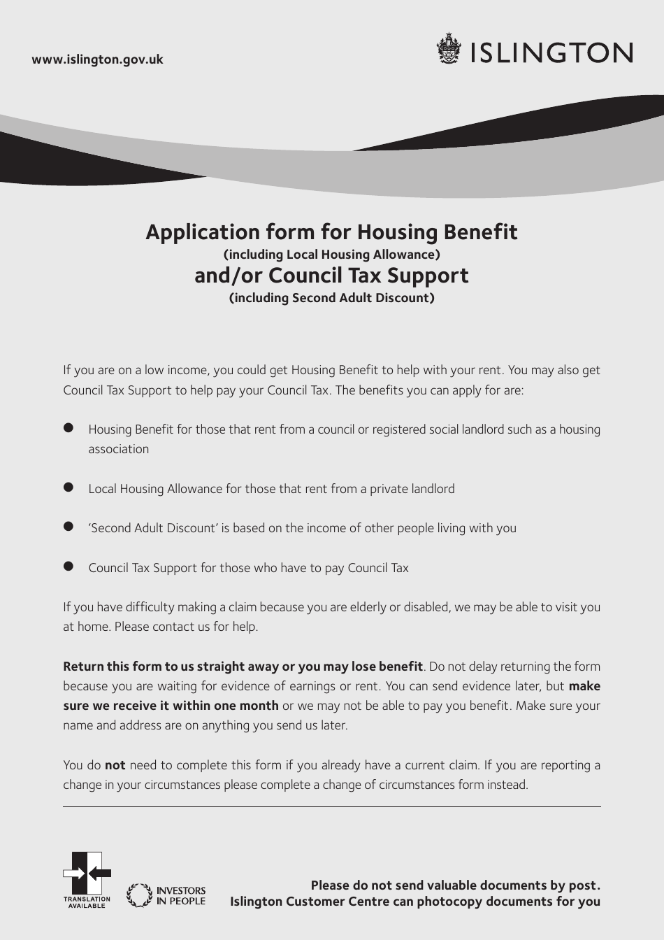 Application Form for Housing Benefit (Including Local Housing Allowance) and / or Council Tax Support (Including Second Adult Discount) - Islington, Greater London, United Kingdom, Page 1