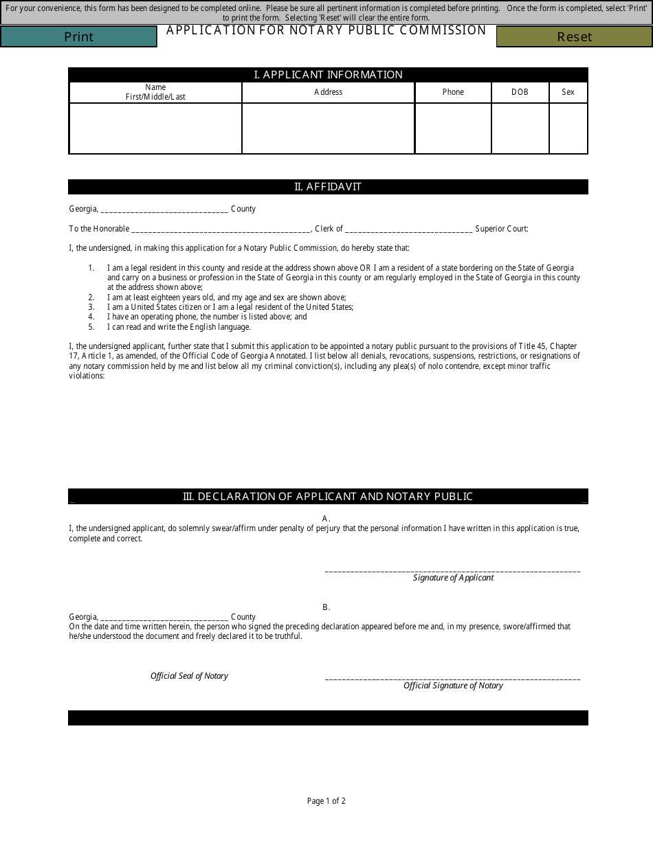 Application for Notary Public Commission - Georgia (United States), Page 1