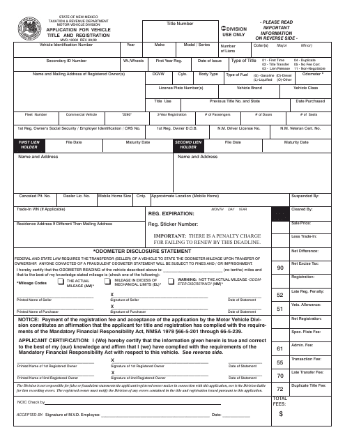 Form MVD-10002 Application for Vehicle Title and Registration - New Mexico