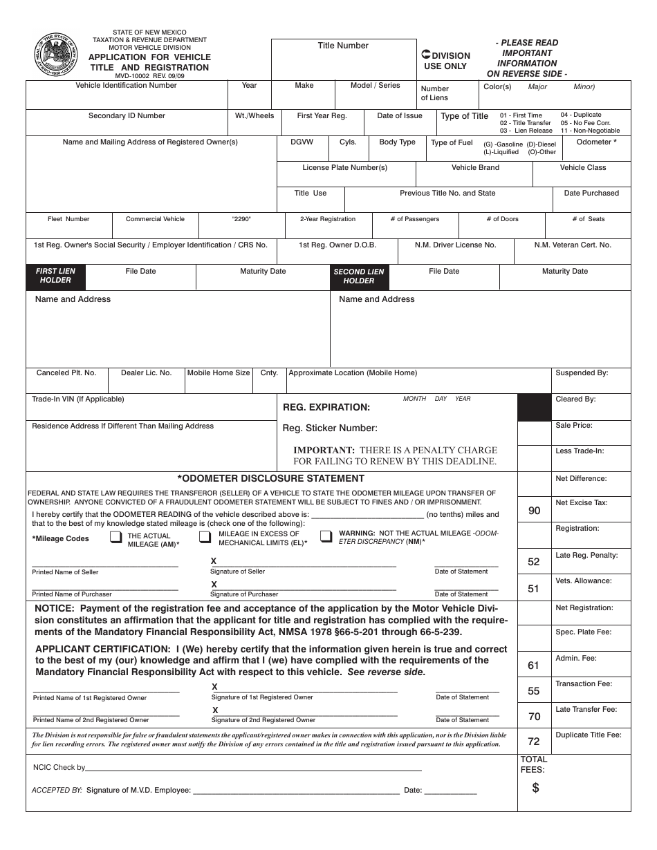 Form MVD-10002 Application for Vehicle Title and Registration - New Mexico, Page 1
