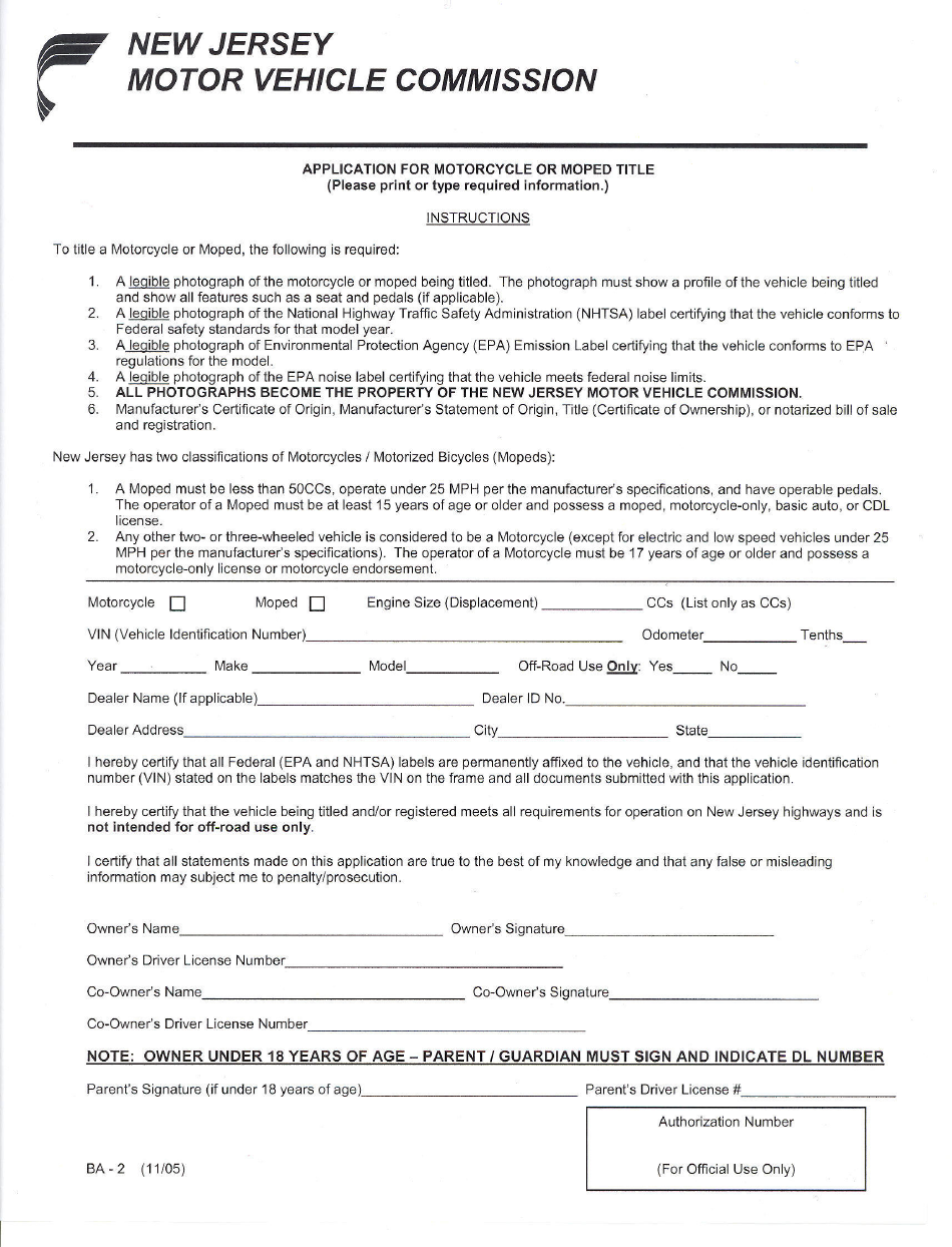 Form BA-2 Application for Motorcycle or Moped Title - New Jersey, Page 1
