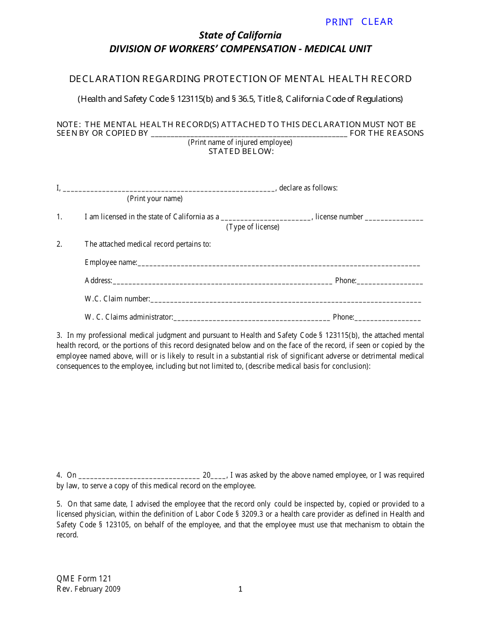 QME Form 121 Declaration Regarding Protection of Mental Health Record - California, Page 1