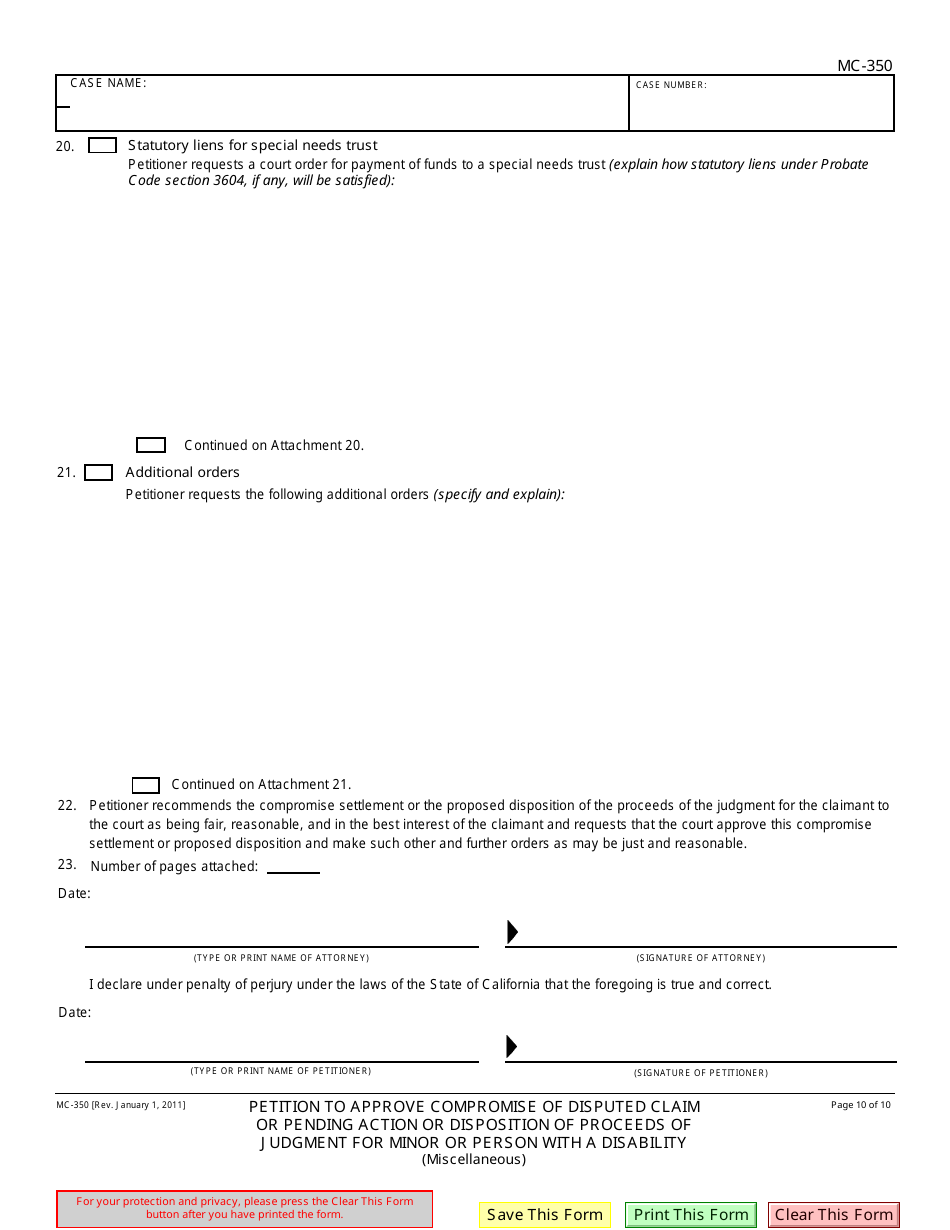 Form MC-350 Petition to Approve Compromise of Disputed Claim or Pending Action or Disposition of Proceeds of Judgment for Minor or Person With a Disability - California, Page 10