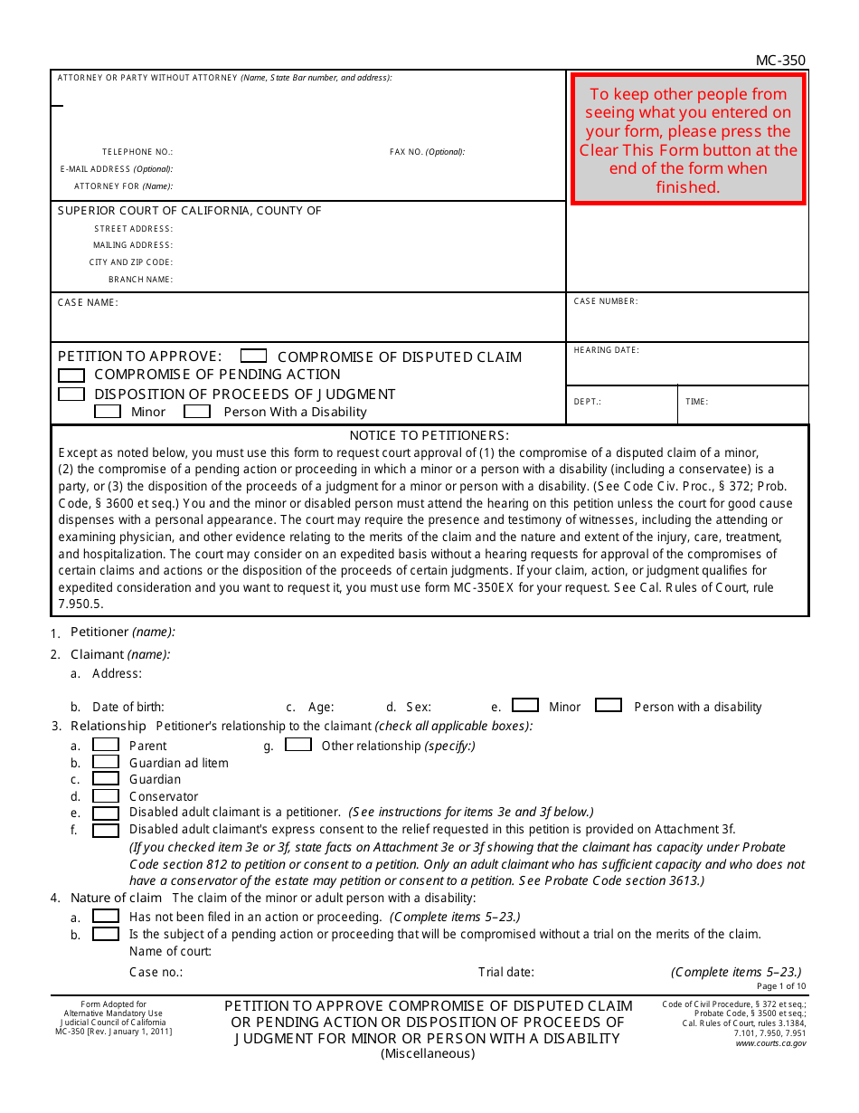 Form MC-350 Petition to Approve Compromise of Disputed Claim or Pending Action or Disposition of Proceeds of Judgment for Minor or Person With a Disability - California, Page 1