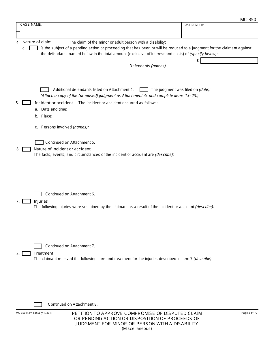 Form MC-350 Petition to Approve Compromise of Disputed Claim or Pending Action or Disposition of Proceeds of Judgment for Minor or Person With a Disability - California, Page 2