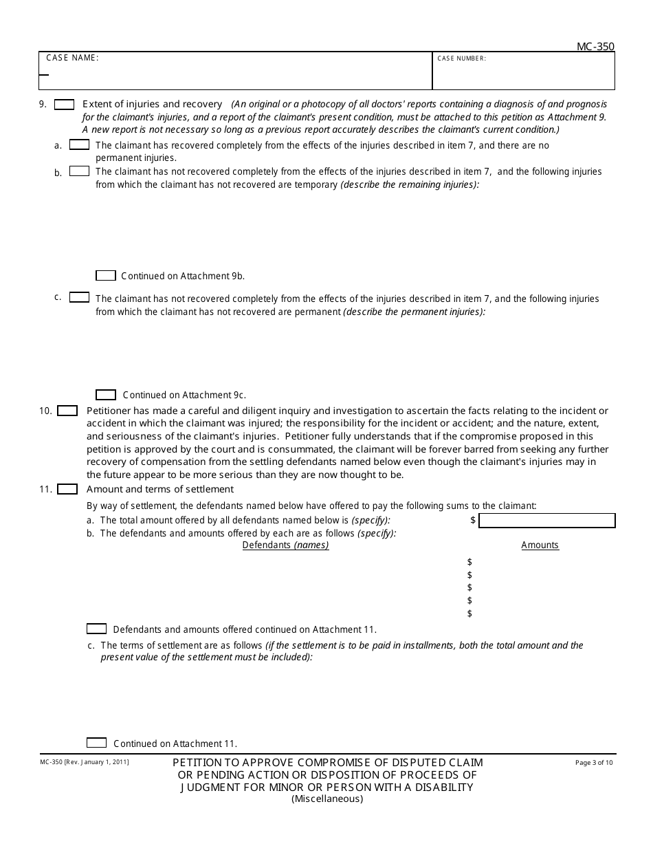 Form MC-350 Petition to Approve Compromise of Disputed Claim or Pending Action or Disposition of Proceeds of Judgment for Minor or Person With a Disability - California, Page 3