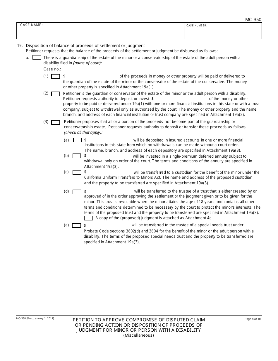 Form MC-350 Petition to Approve Compromise of Disputed Claim or Pending Action or Disposition of Proceeds of Judgment for Minor or Person With a Disability - California, Page 8