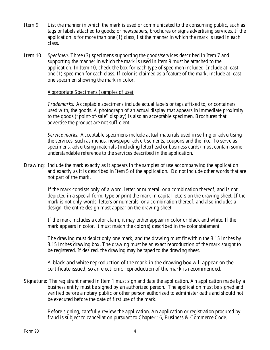 Form 901 Application for Registration of a Trade or Service Mark - Texas, Page 4