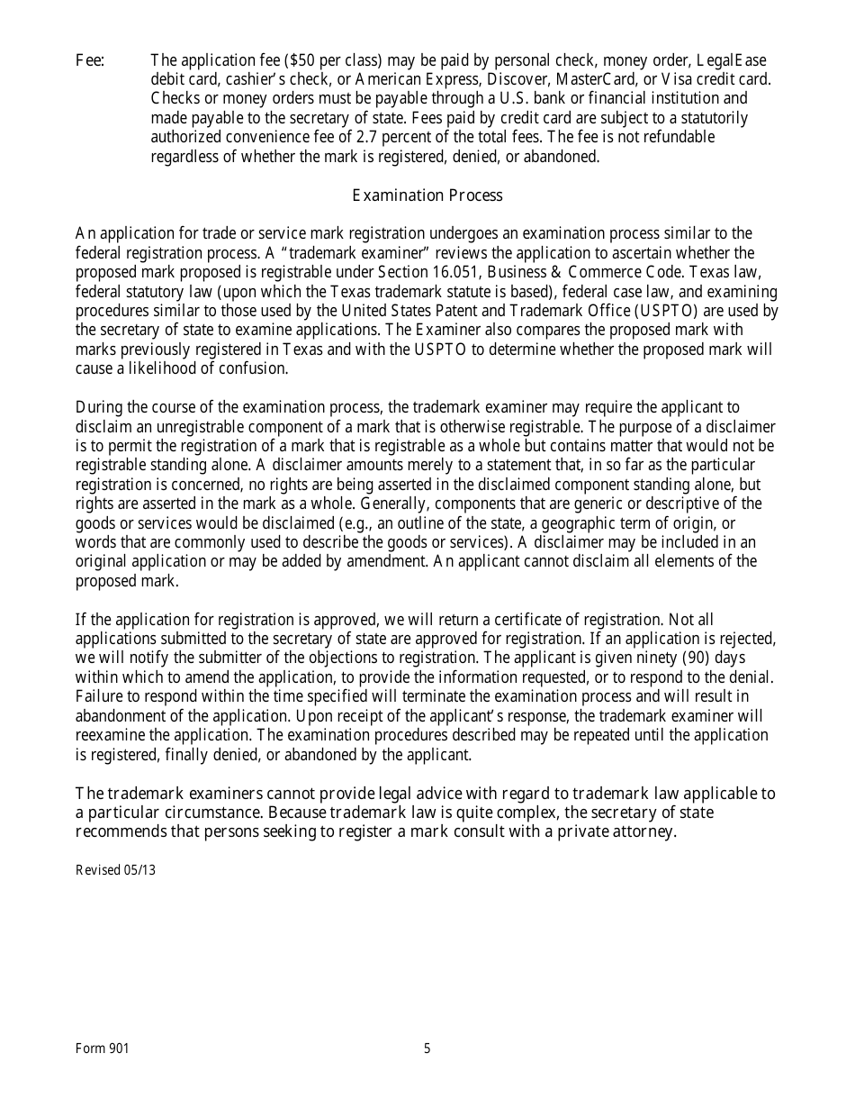 Form 901 Application for Registration of a Trade or Service Mark - Texas, Page 5