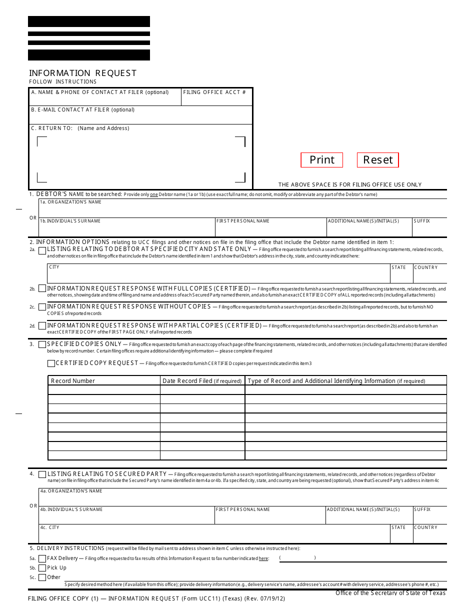 Form UCC11 Information Request - Texas, Page 1