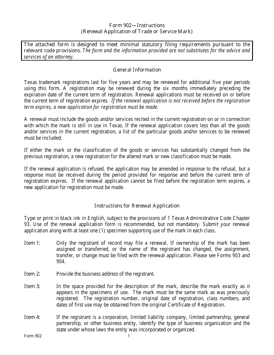 Form 902 Renewal Application of a Trade or Service Mark - Texas, Page 1