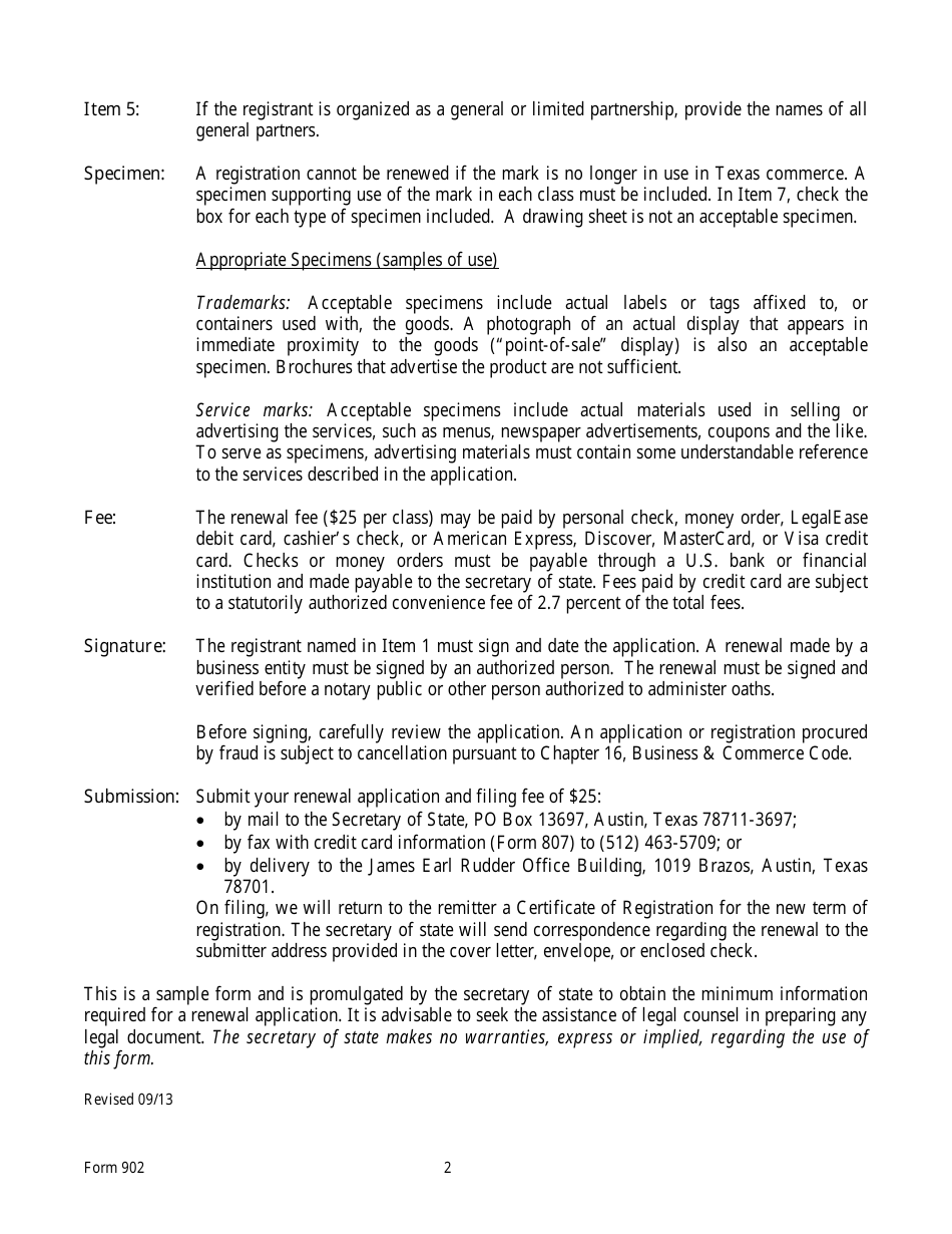 Form 902 Renewal Application of a Trade or Service Mark - Texas, Page 2