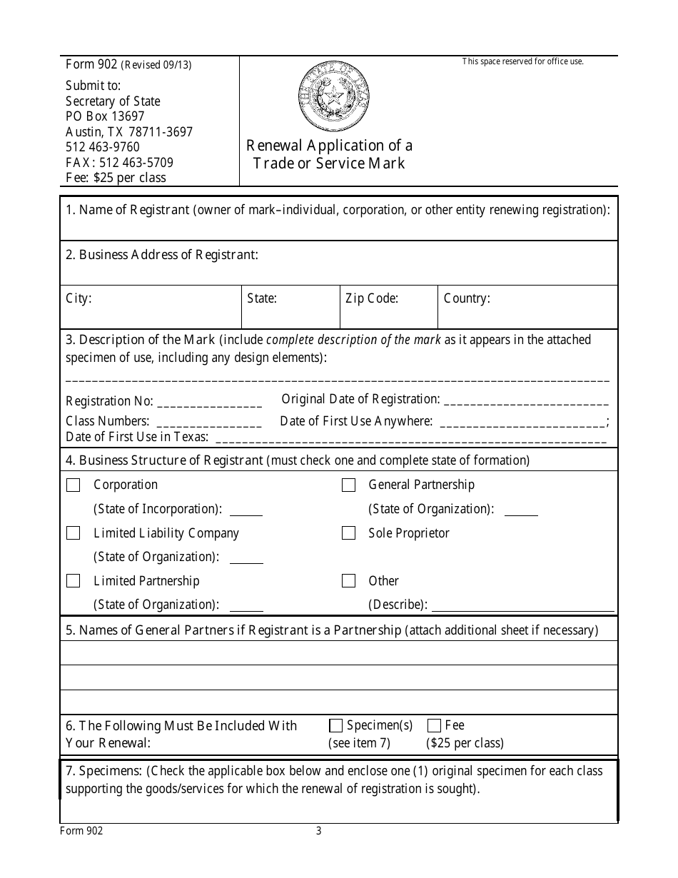 Form 902 Renewal Application of a Trade or Service Mark - Texas, Page 3