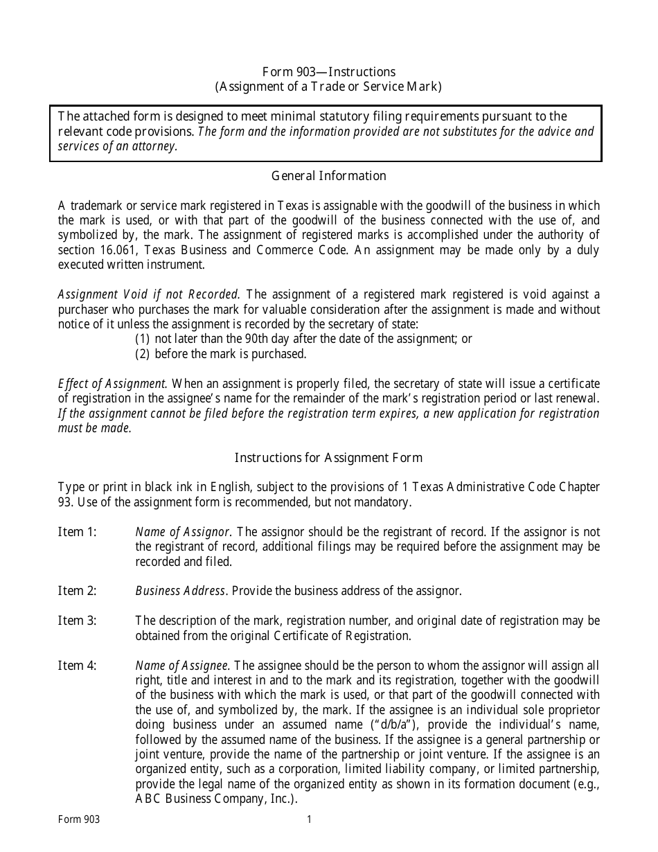 Form 903 Assignment of a Trade or Service Mark - Texas, Page 1