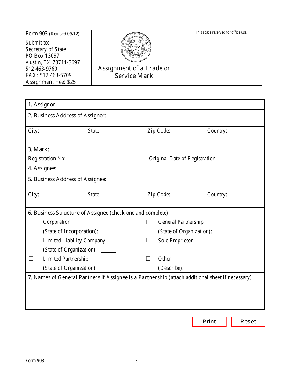 Form 903 Assignment of a Trade or Service Mark - Texas, Page 3